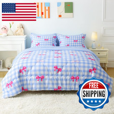 Wajade Bow Comforter Set 7 Piece Blue White Plaid Comforter Sets for Girls Kids