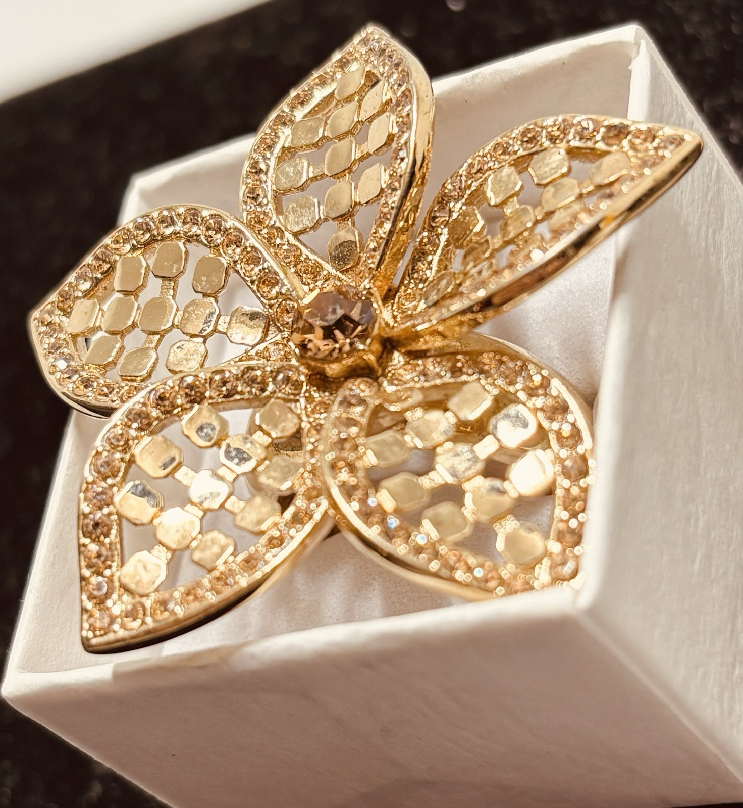 Large Flower Statement Ring Yellow Topaz Rhinesto… - image 7