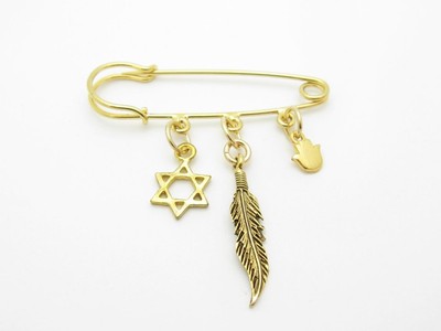 18kt vergoldet Feder Khamsa Davidstern Kabbala Evil Eye Baby Rolling Brosche
