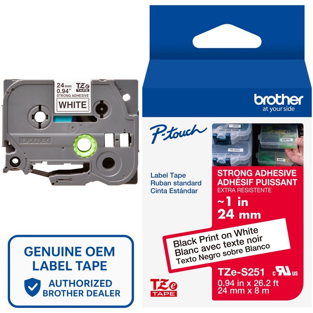 Genuine Brother TZe-S251 Strong Adhesive Black on White 24mm 1" Label Tape