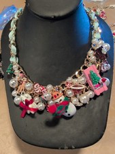 BETSEY JOHNSON Holiday Baubles Necklace Christmas Enamel Snowman Deer Charms NWT