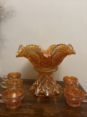 Vintage Ringelblume irisierend Karneval Glas Standfuß Bowle Schale passend 5 TASSEN