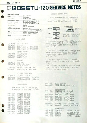 Boss TU-120 Chromatic Tuner Original Service Manual and Schematics Booklet