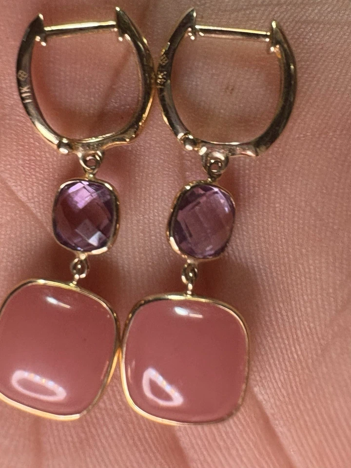 14k Yellow Gold Amethyst & Guava Quartz Bezel Dangle Earrings JewelMark 3.40G - Image 3 of 4