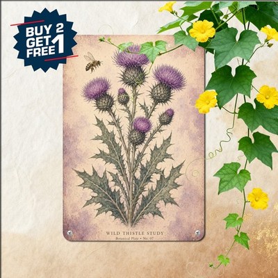 Botanical Purple Thistle Flower Bee Sign Vintage Floral Garden Wall Plaque Art