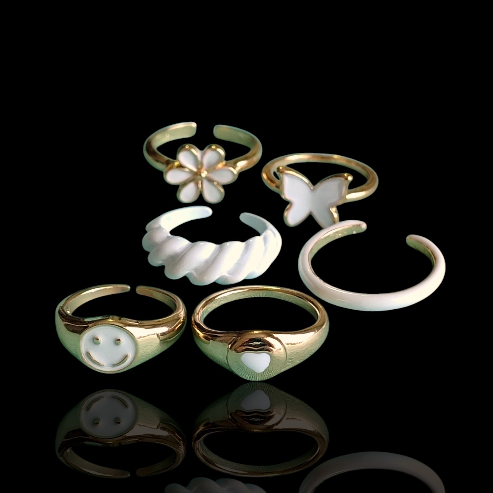 Solid & Adjustable Ring Lot Gold Tone White Ename… - image 1