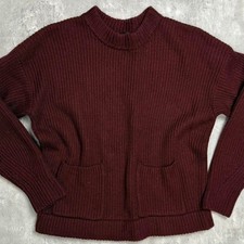 Ann Taylor Womens Burgundy Ribbed Knit Crew Neck Sweater with Pockets Size M