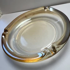 1950s Mid Century Honey Amber Iridescent Glass Ashtray 6” Modernist Trinket Dish