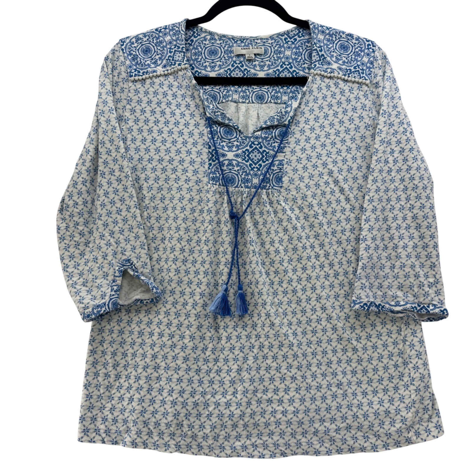 Anne Klein Blue White Floral Cotton Tunic Top with Pom Pom Trim Size S