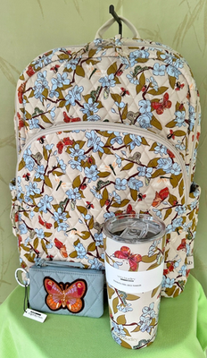 VERA BRADLEY ABUZZ LARGE BACKPACK + ZIP ID CASE + SS TUMBLER (SET