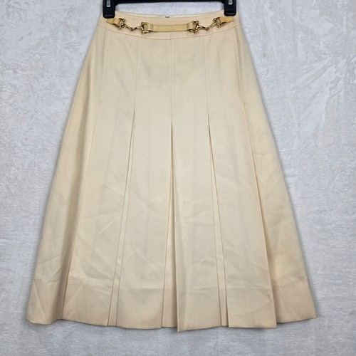 Celine, Vintage Celine Paris Cream Horsebit Pleated Midi Skirt Made in France Size 36