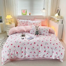 Kids Cartoon Bedding Set Pink Strawberry Cherry Duvet Cover 3PCS Kawaii Duvet...