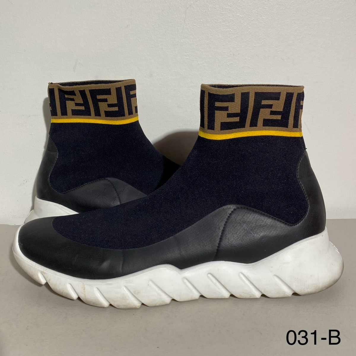 Size 11 - Fendi Tech Fabric High Sock Sneakers Black Gold Yellow
