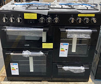 Logik Black Freestanding Gas Cooking Range 4-Burner Hob, 3 Ovens, Grill