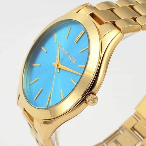 NEW MICHAEL KORS SLIM RUNWAY MK3265 GOLD/TURQUOISE BLUE WOMENS QUARTZ WATCH - Picture 4 of 8