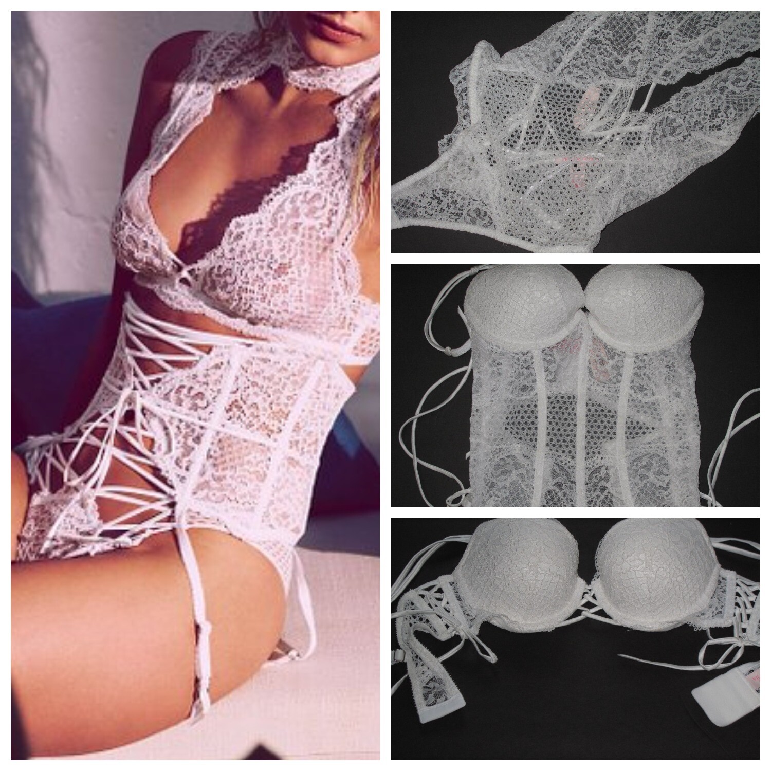 34B or 34C VICTORIA'S SECRET VERY SEXY  CHROCHET LACE WHITE LINGERIE 5 Piece SET