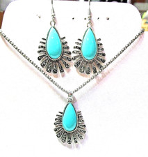 Silver Plated Turquoise Stone 16" Necklace Pierced Earring Set - NWOT 1588