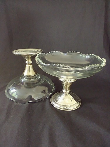 Set of 2 Sterling and Glass Compote Dishes on Pedestal Vintage Amston Reinforced - Picture 2 of 13