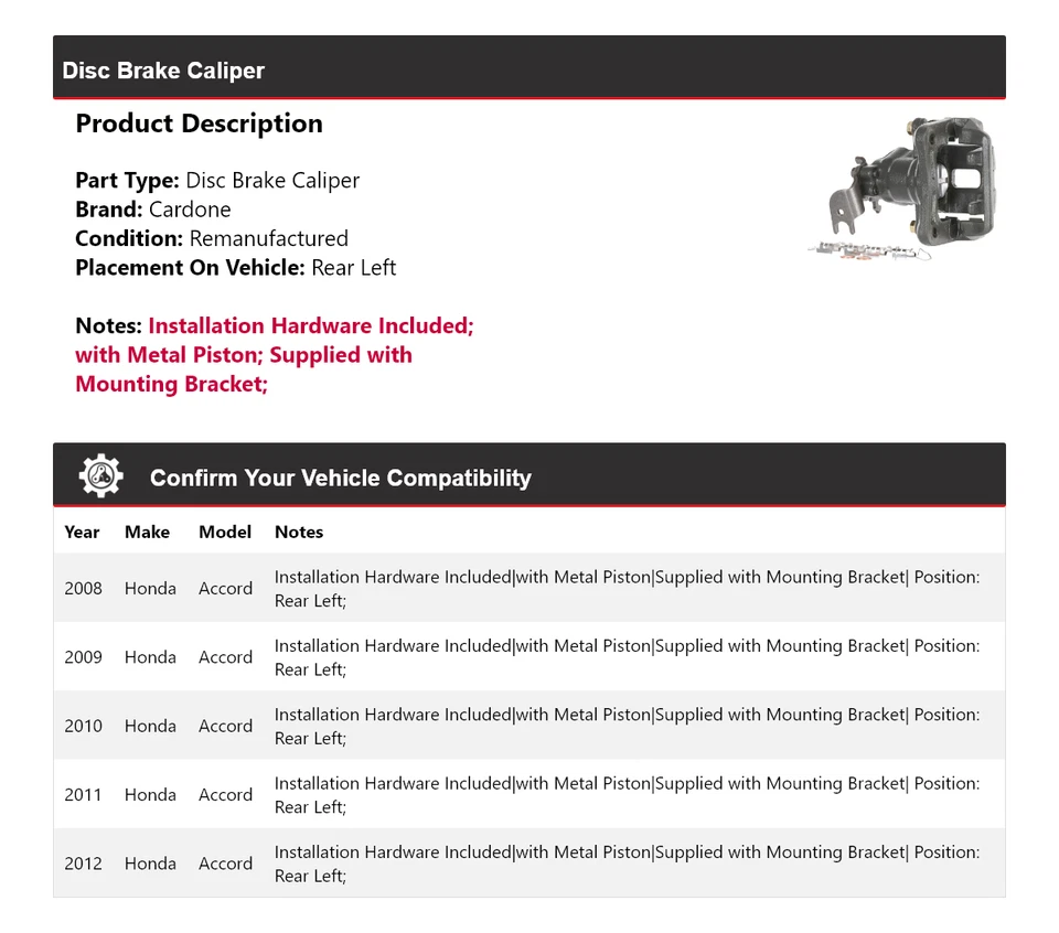 Para 2008-2012 Honda Accord pinça de freio a disco traseira esquerda Cardone 2009 2010 2011 - Imagem 2 de 4