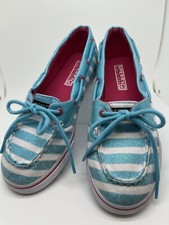 SPERRY GIRLS SHOES SZ. 4 Topsider blue white Striped sparkle Deck slip on