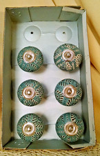 DRAWER KNOB SET 6 NEW BLUE CERAMIC SILVER METAL HARDWARE CABINET DRAWER PULLS.