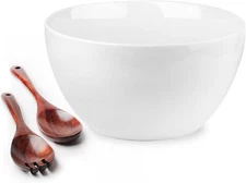 Salad Serving Bowl, 5-Quart White Porcelain Serving Bowl with Spoon Set, 3-Pack