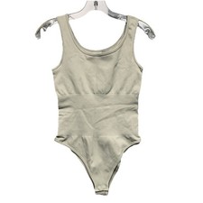 OQQ Womens Ribbed Bodysuit Size Small Tan Snap Closure Excellent Condition