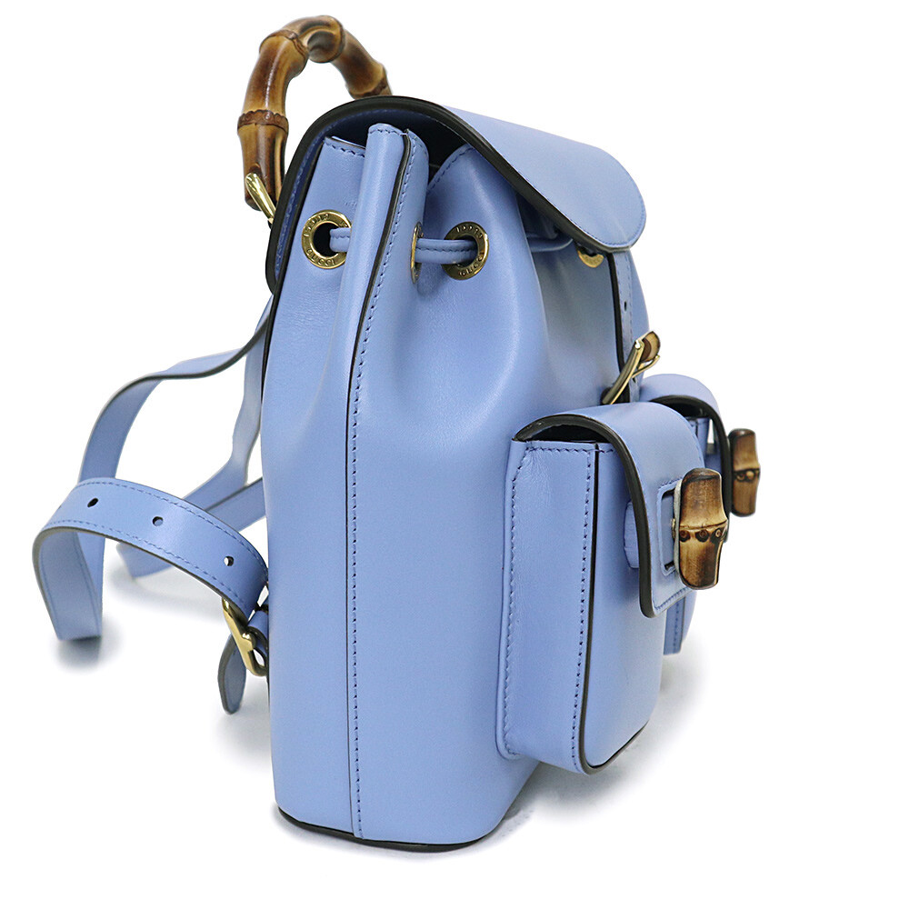 Gucci Bamboo Backpack Daypack Smooth Leather Light Blue Gold