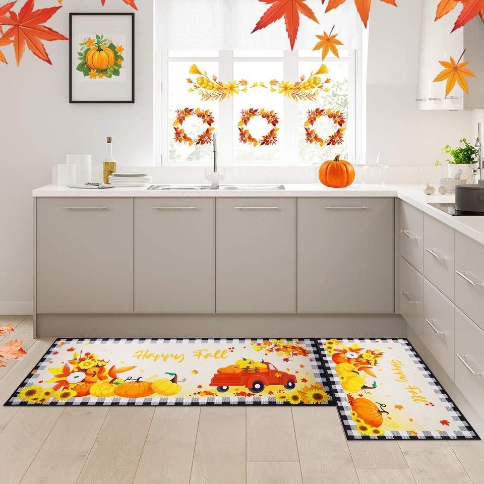 Fall Kitchen Rugs,Happy Fall Pumpkin Kitchen Mats Set of 2,Autumn Thanksgivin... eBay