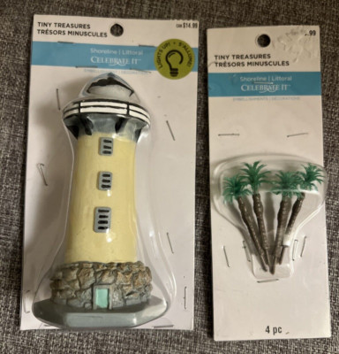 Tiny Treasures Tropical Beach Pair Shoreline 4 Palm Trees 2.5'' LightHouse NEW
