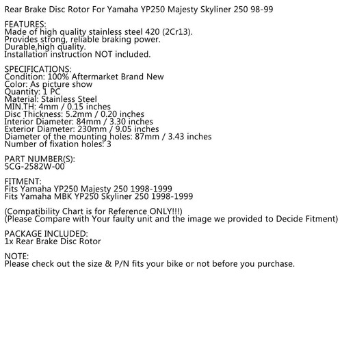 Rear Brake Rotor Disc for Yamaha MBK250 YP 250 Majesty YP250 Skyliner 98-99 A1 - Picture 8 of 8