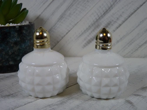 Vintage White Hobnail Milk Glass Diamond Point Salt & Pepper Shakers - J2