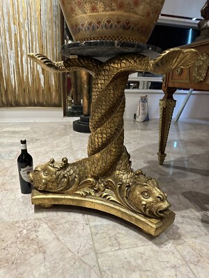 Exceptional Hand-Carved Giltwood Koi/Dolphin Pedestal Table - Marble Top, Unique