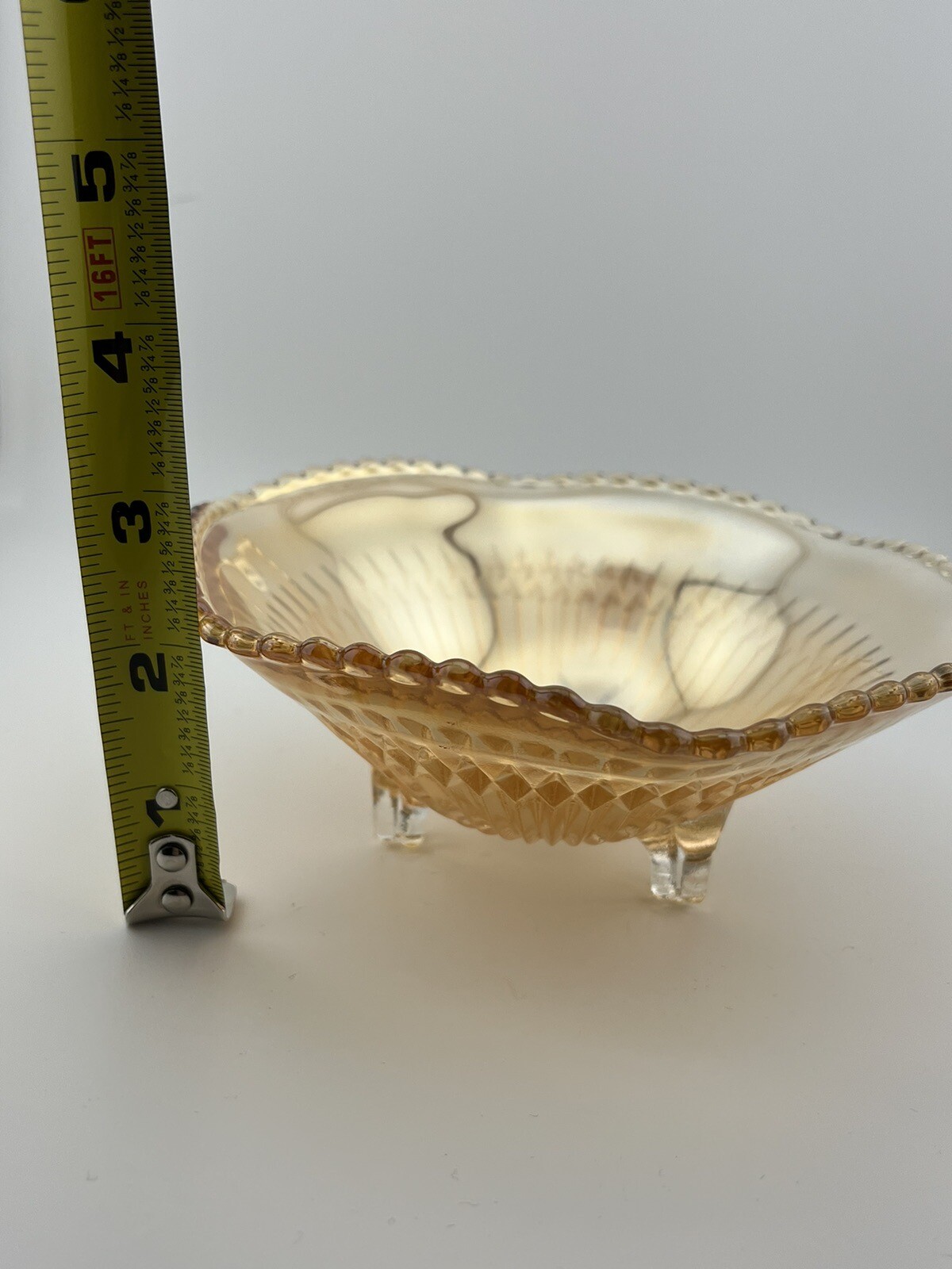 Small Iridescent 3 Footed Bowl Jeanette Anniversary Style Depression Glass Gold