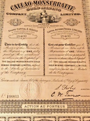 action the Callao-Monserratte gold mining Co.,LTD von 1890 .( 90 auf Lager )