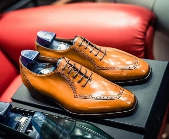 Handcrafted New Men's Orange Color Leather Oxford Lace Up Casual Wear Shoes Men