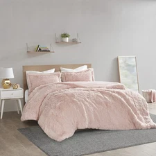 Malea Shaggy Duvet with Quilted Box Design, Long Faux Fur Comforter Cover Coz...
