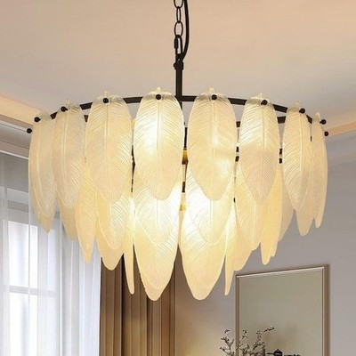 JUSHENG 19.69 in. 6-Light Black and Frosted Glass Leaf Feather Chandelier