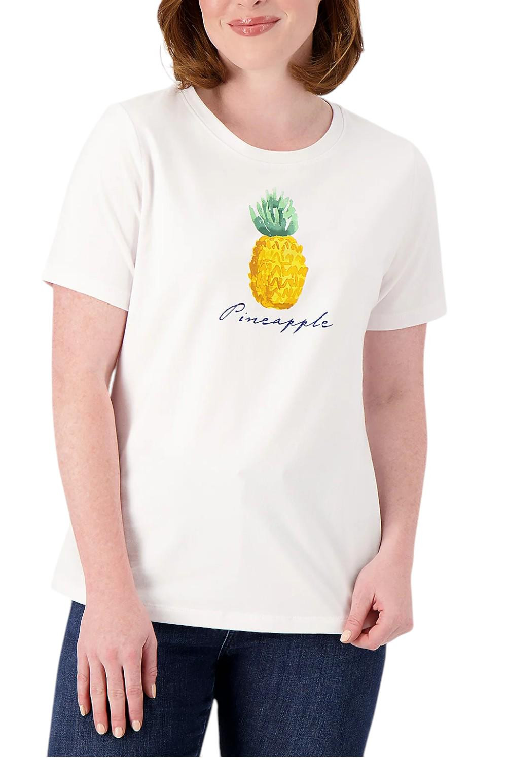Denim & Co. Womens Printed Jersey Crew Neck ShortSlvTop Pineapple