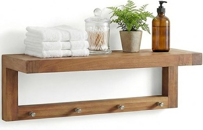 Original 24'' Moa Solid Teak Wall Shelf with Hooks for Bathroom and Outdoor