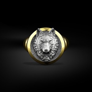 Authentic Round Alpha Wild Wolf Signet Pinky Ring in Gold Plated Silver, Handmade Wolf