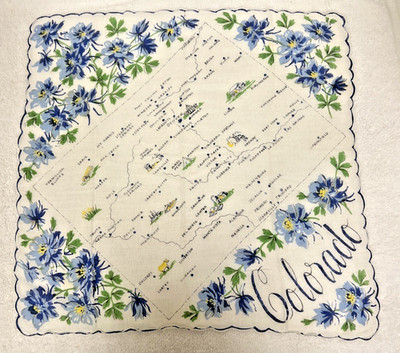 Vintage Colorado Columbine Floral Cities Map Scalloped Edge Handkerchief Hankie
