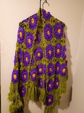 Vtg Hand Knit Crochet Shawl Scarf Wrap Boho Festival Romantic 70s Green Purple