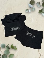 NEW Juicy Couture Velour Tracksuit Set Rhinestone Hoodies jacket Shorts M Black