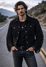 Men Native Western Cowboy Style Suede Leather Jacket Buckskin Shirt with Fringes
