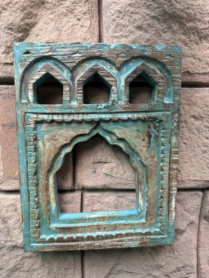 Marco de pared antiguo de madera tallado a mano rústico verde pintado arco marco de castillo Foto 3 de 4