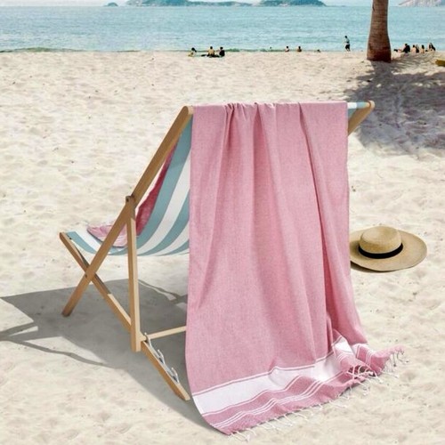 Lane Linen 100% Cotton Pink White Striped Fringed Turkish Towel 70x38in