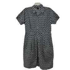 Talbots Shirt Dress Womens 16 Black Ivory Dot Print Short Sleeve Pockets