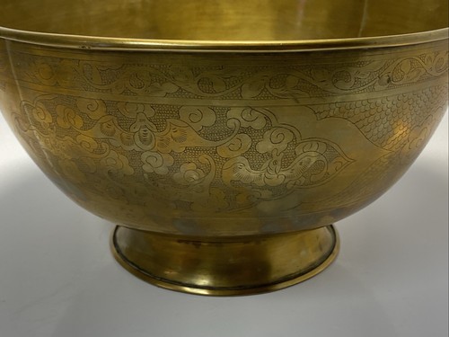 Antique Vintage Stunning Chinese Brass Bronze Pedestool Bowl Etched Marked China - Picture 6 of 24