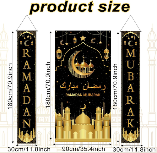 3 Pcs Ramadan Mubarak Hanging Banner LED Eid Mubarak Decoration Set 71 X 35.4/11 - Picture 3 of 12